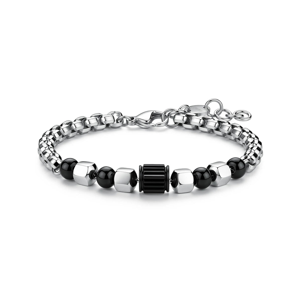 Bracciale Sagapò Riot In Acciaio Catena A Maglia Veneziana Con Sfere Ed Elementi Esagonali E Barilotto Rigato Centrale