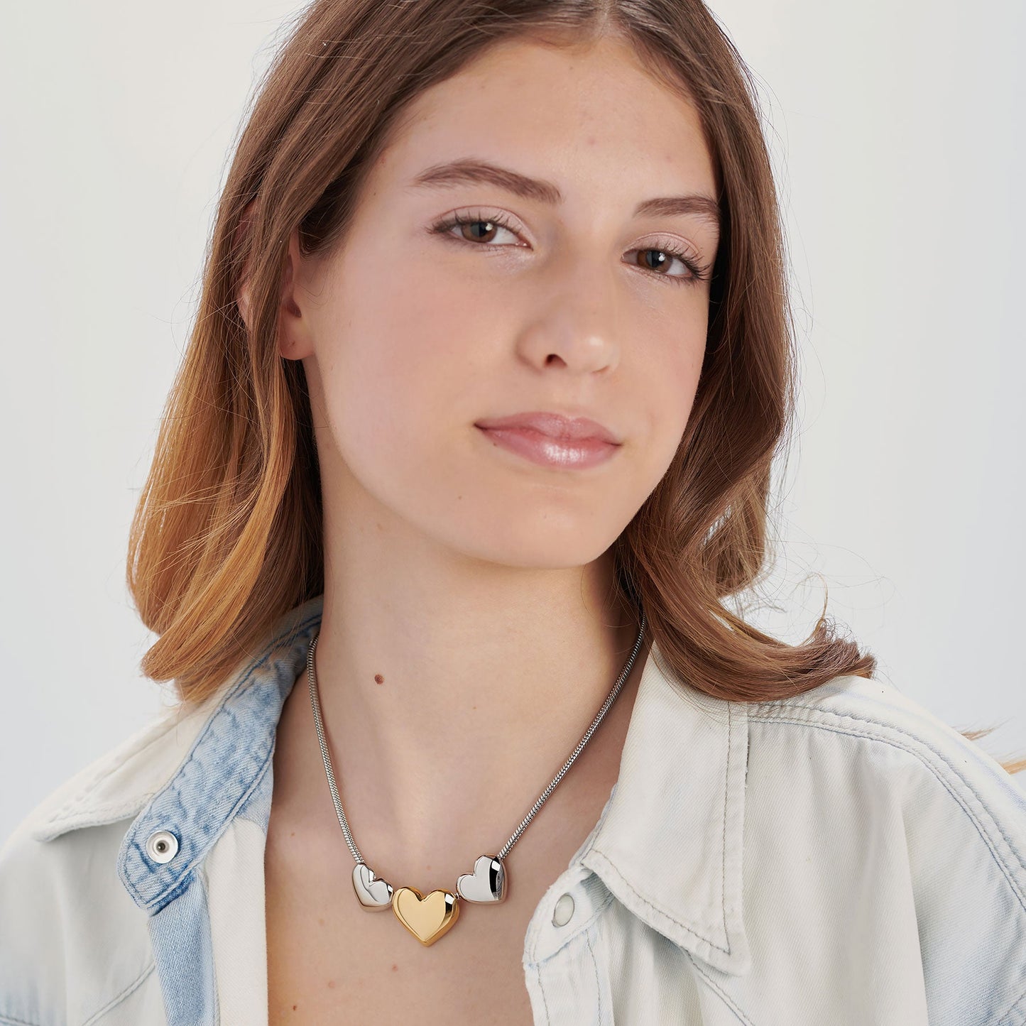 Collana Sagapò Stellar Acciaio Maglia Coda Di Topo 3 Cuori Bombati Centrale Pvd Oro