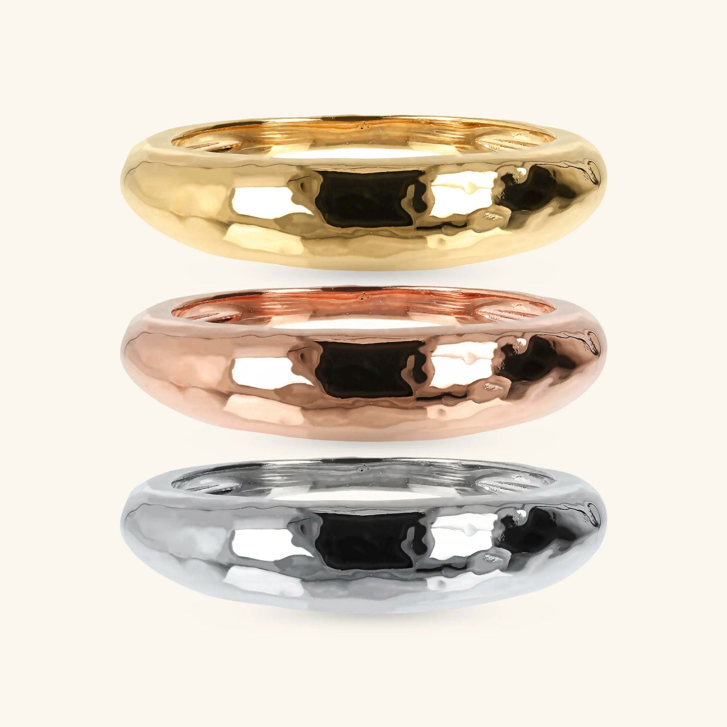 Set 3 Anelli Etrusca Fedine Martellati Tricolore Lega Golden Placcata Oro 18 kt - Misura 14