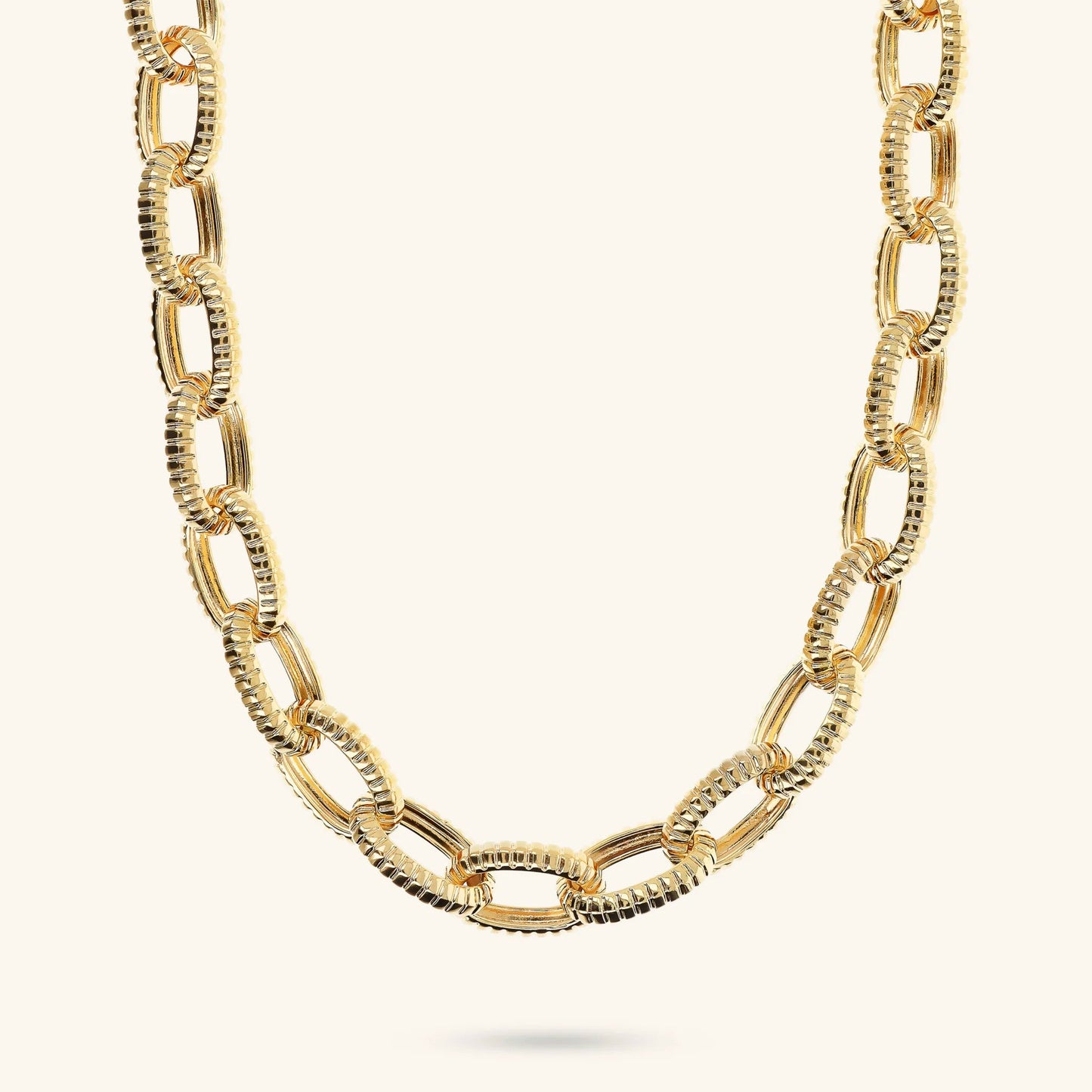 Collana Girocollo Etrusca Maglie Ovali Texture Rigata Lega Golden Placcata Oro 18 kt