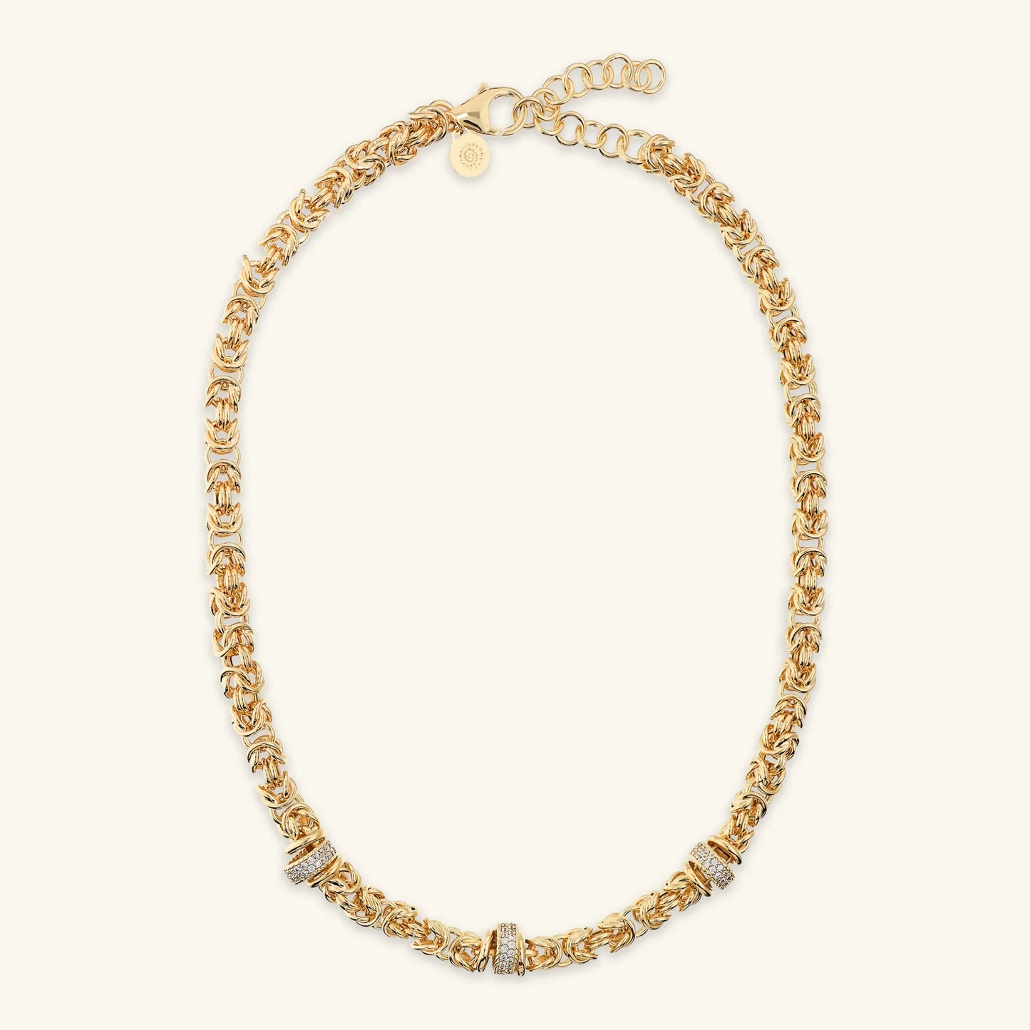 Collana Girocollo Etrusca Catena Bizantina con Rondelle in Pavé di Cubic Zirconia Lega Golden Placcata Oro 18 kt