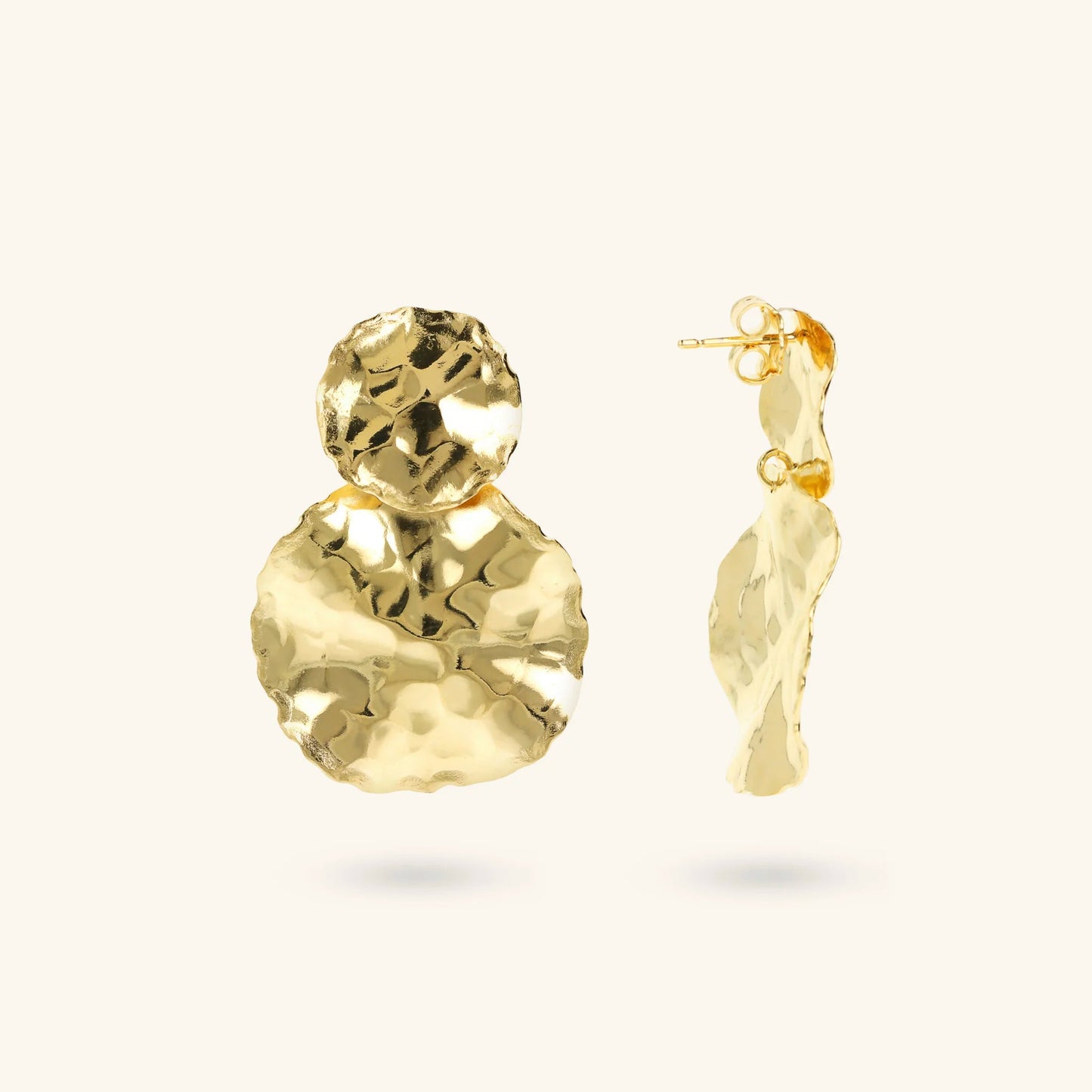 Orecchini Pendenti Etrusca Martellati a Doppio Disco Graduato Lega Golden Placcata Oro 18 kt