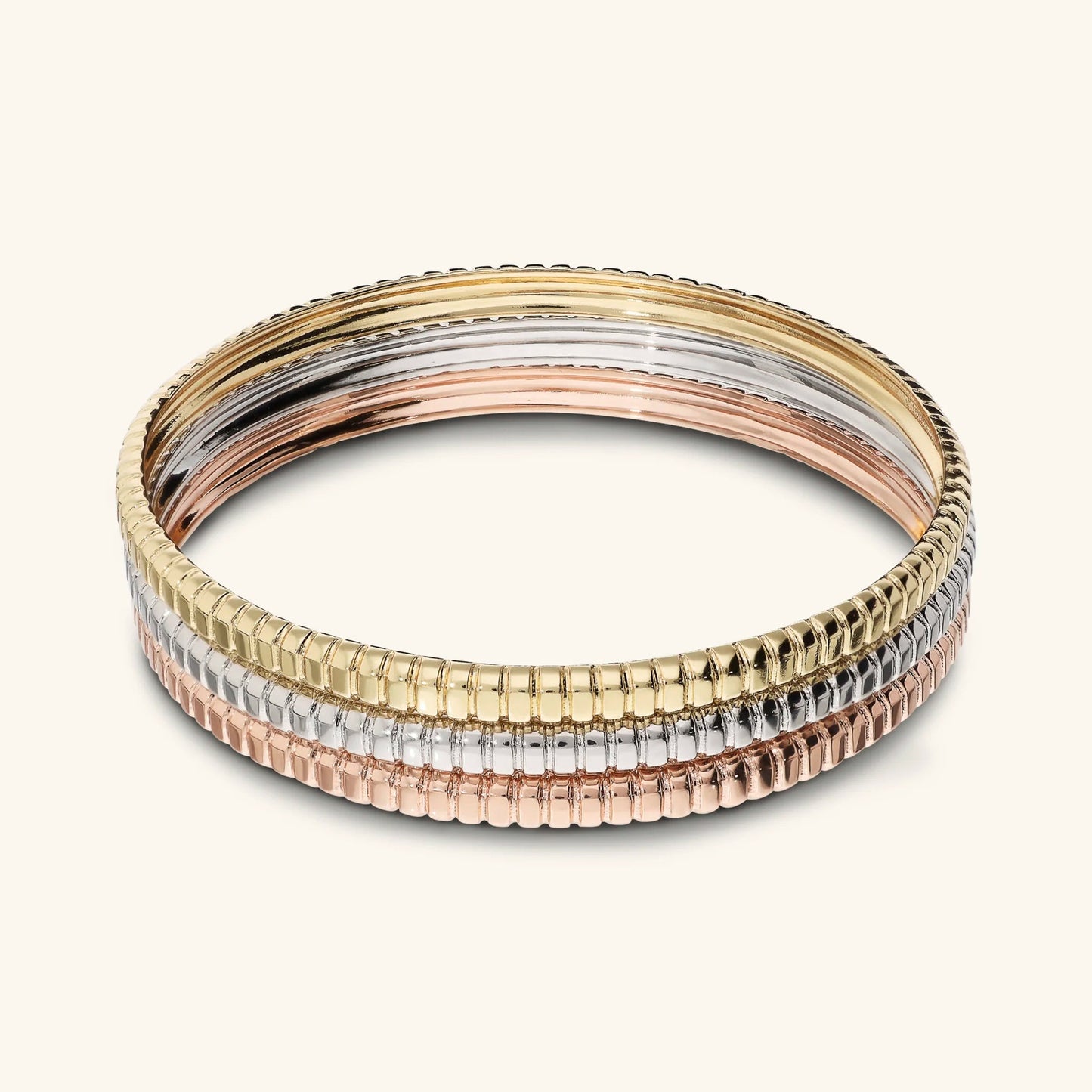 Set 3 Bracciali Rigidi Etrusca Tricolore Texture Rigata Lega Golden Placcata Oro 18 kt