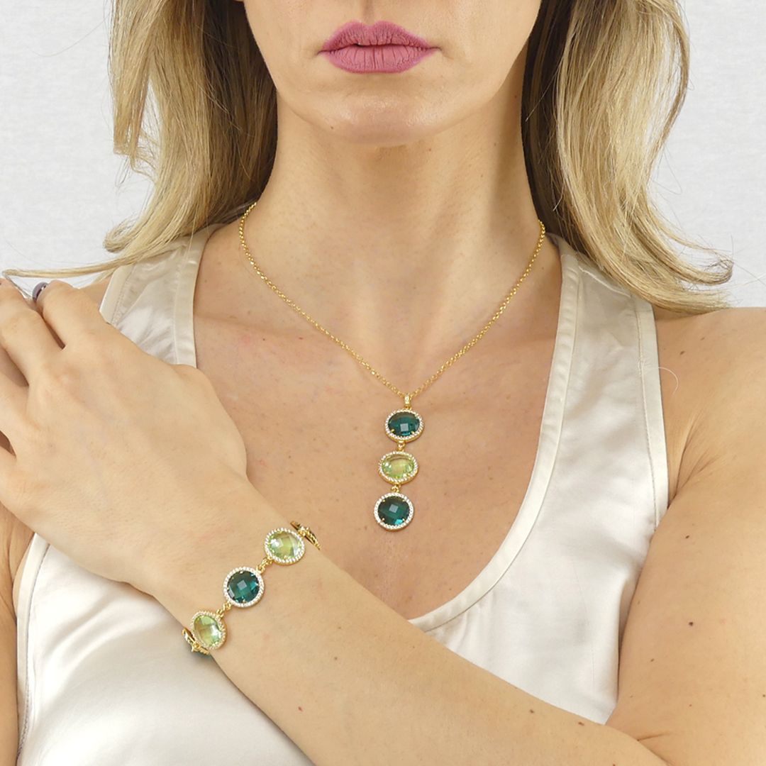 Bracciale Boccadamo Mediterranea Sharada Bronzo Pvd Oro Cerchi Contornati e Cristalli Sfaccettati Verdi
