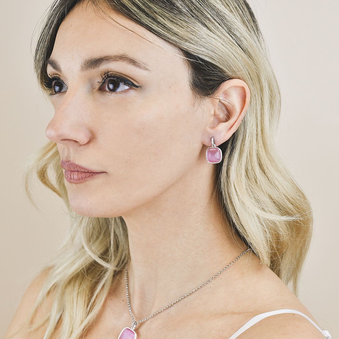 Orecchini Pendenti Boccadamo Mediterranea Crisette Bronzo Pvd Oro Bianco Cristallo Quadrato Rosa