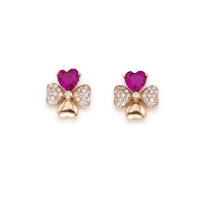 Orecchini Lobo Amen Amore Argento Rosato Quadrifoglio Cuori Zirconi Bianco/Rosso