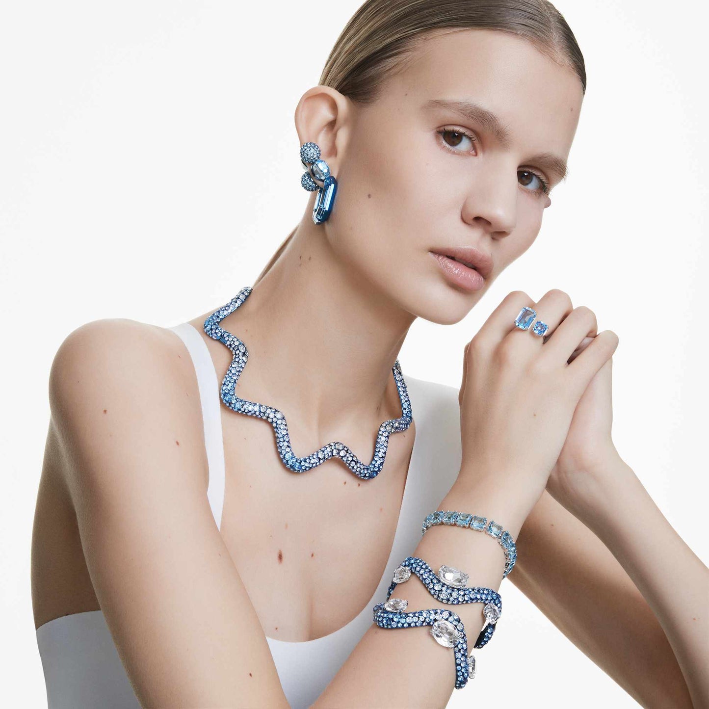 Anello aperto Swarovski Millenia Taglio ottagonale, Blu, Placcato rodio