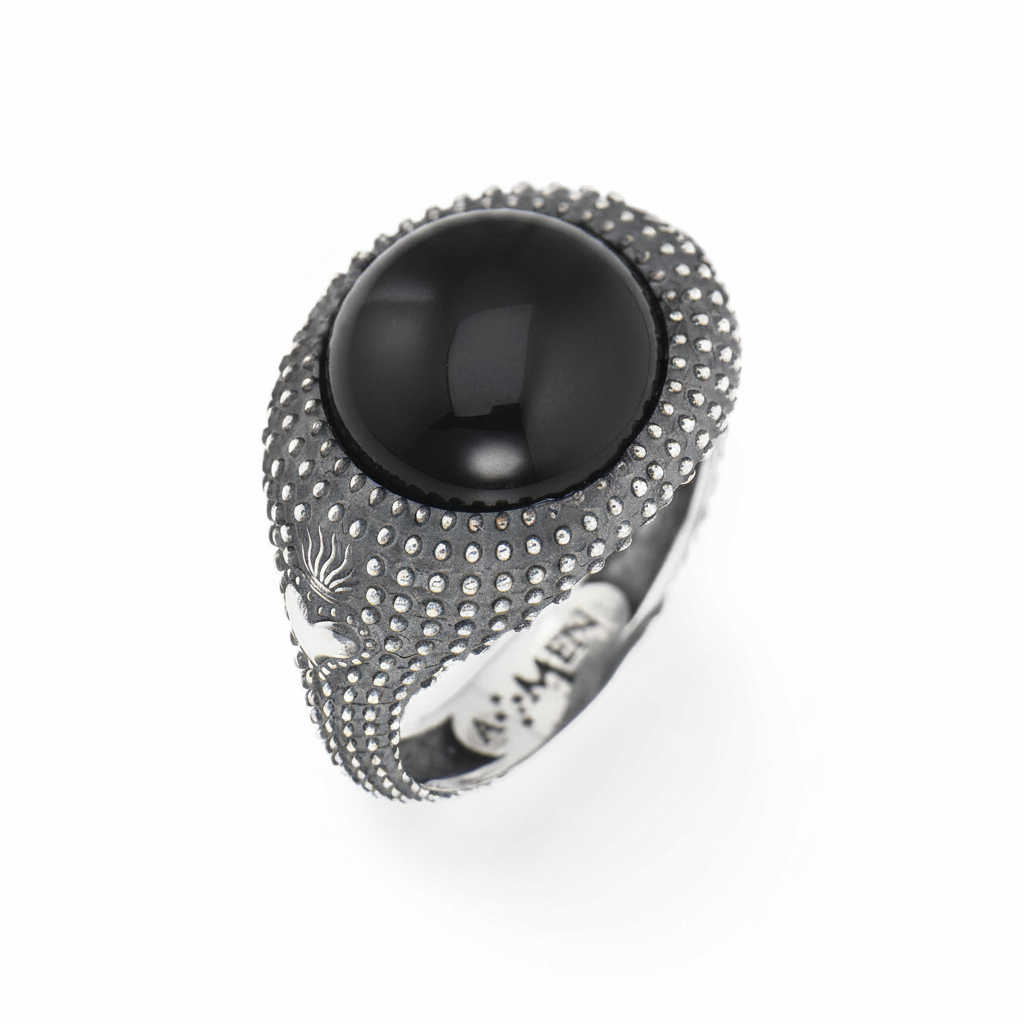Anello Uomo Amen Sacro Cuore Argento Brunito Onice Cabochon - Misura 24