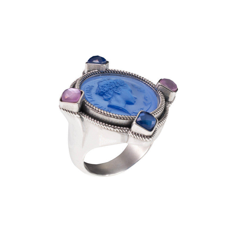 Anello Gerardo Sacco In Argento Con Pasta Vitrea Azzurra e Tiplette Misura 16