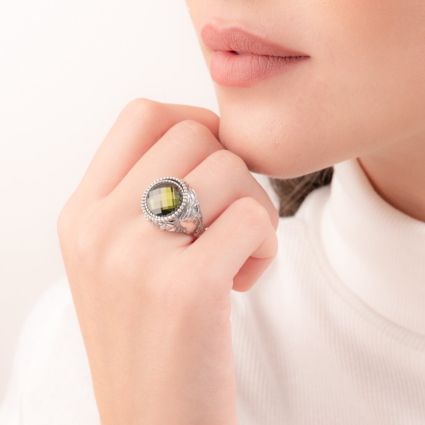Anello Gerardo Sacco Mesi Reverse in Argento Reversibile Mese Aprile Cristallo Sfaccettato Verde Primavera - Misura 14