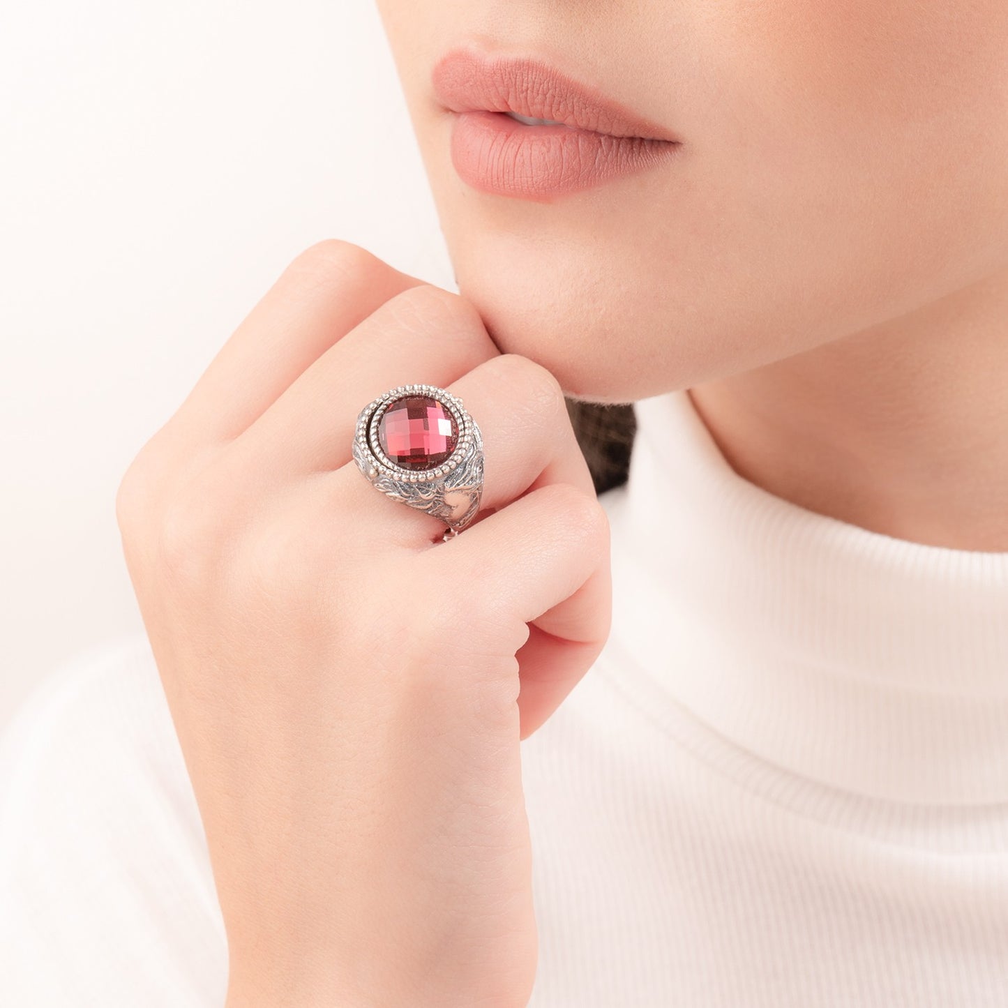 Anello Gerardo Sacco Mesi Reverse in Argento Reversibile Mese Febbraio Cristallo Sfaccettato Rosso Inverno - Misura 14