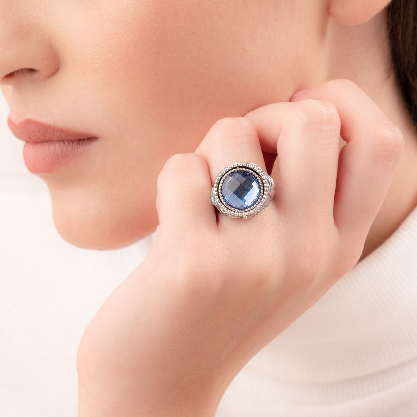 Anello Gerardo Sacco Mesi Reverse in Argento Reversibile Mese Giugno Cristallo Sfaccettato Blu - Misura 14