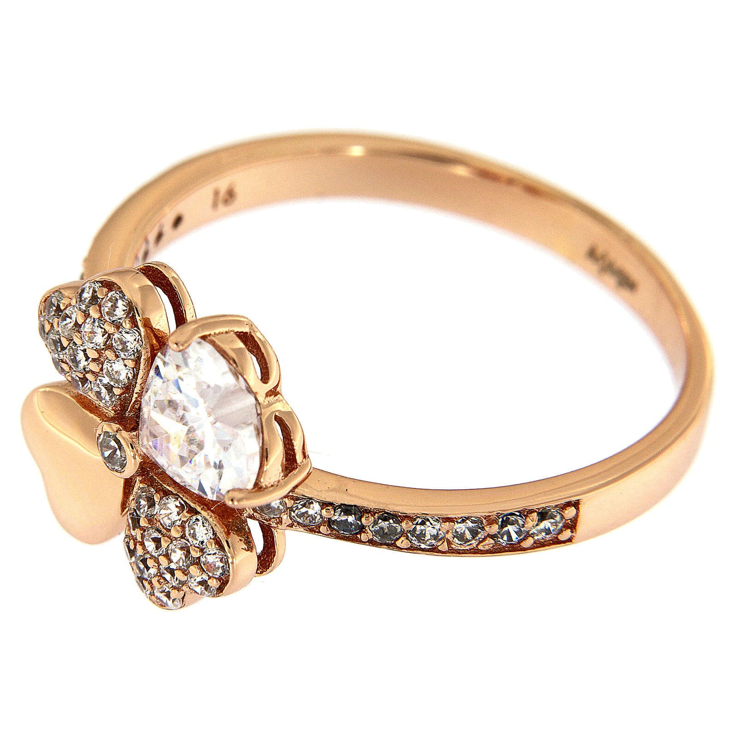 Anello Amen Amore Argento Rosato Quadrifoglio Cuori Cristalli e Pavè - Misura 10