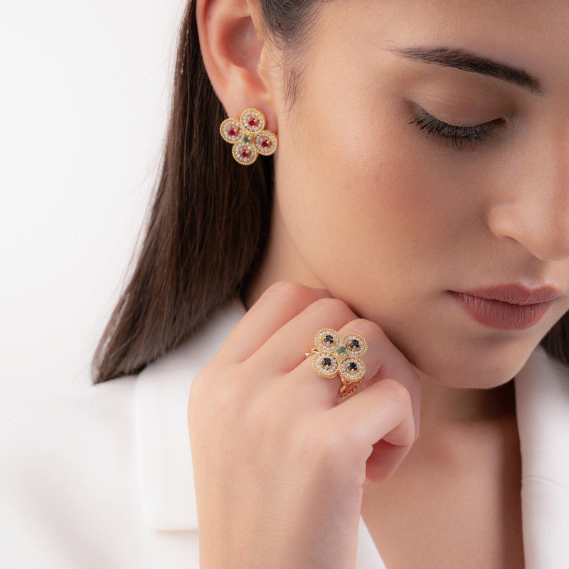 Anello Gerardo Sacco Ricami in Oro con Perle e Pietre Preziose - Misura 16