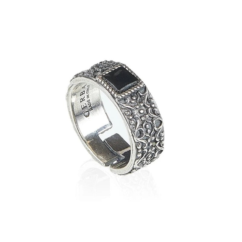 Anello a Fascia Regolabile Gerba Argento Antichizzato e Onice