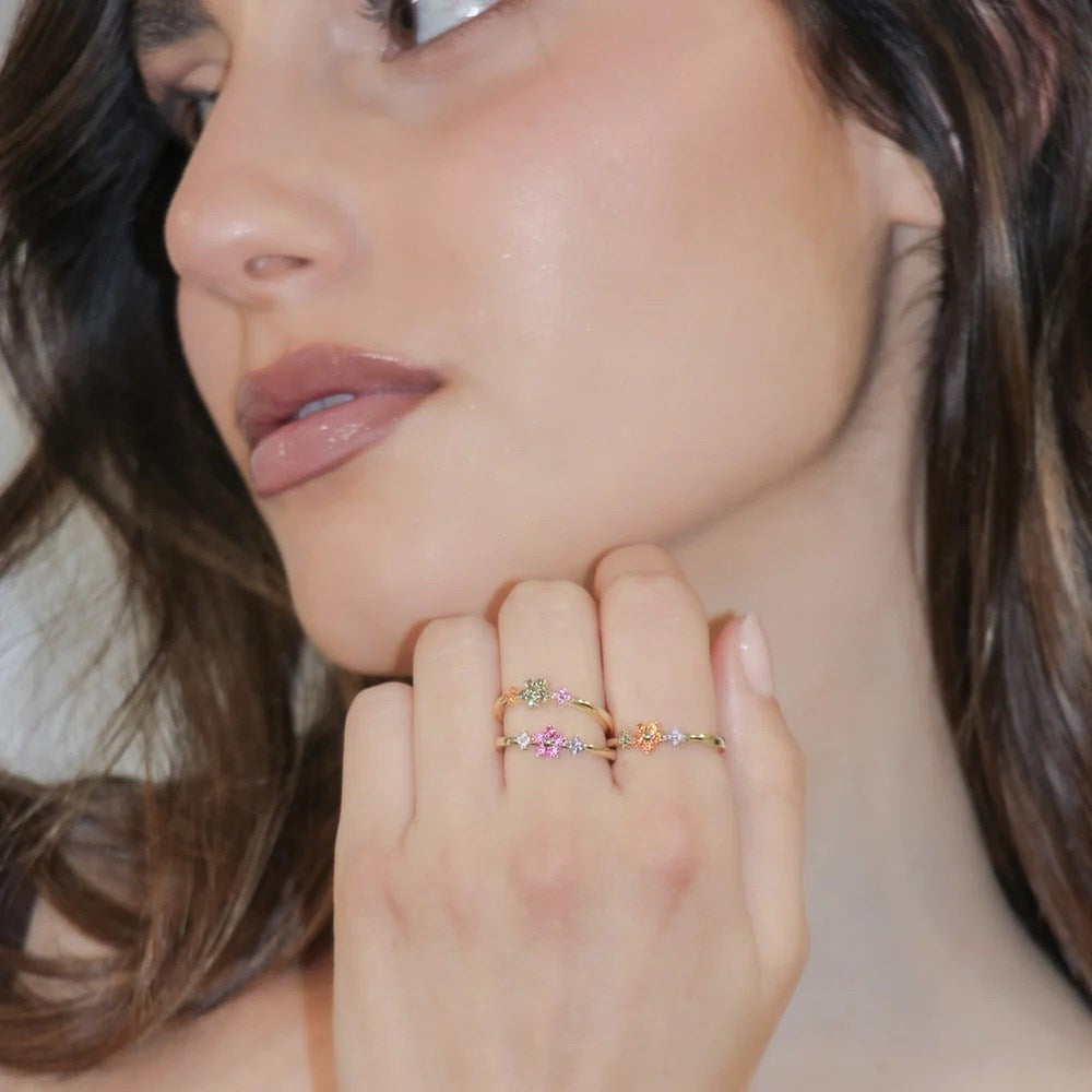 Anello Regolabile Amen Fiori Argento Dorato Fiore Zirconi e Fiorellini Multicolor - Misura 16-20