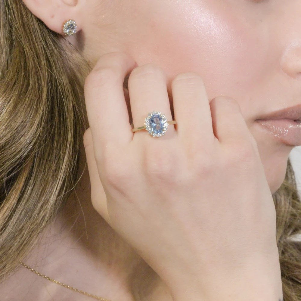 Anello Regolabile Amen Lady Royal Argento Dorato Modello Kate Zircone Ovale Color Acquamarina Contornato - Misura 16-20