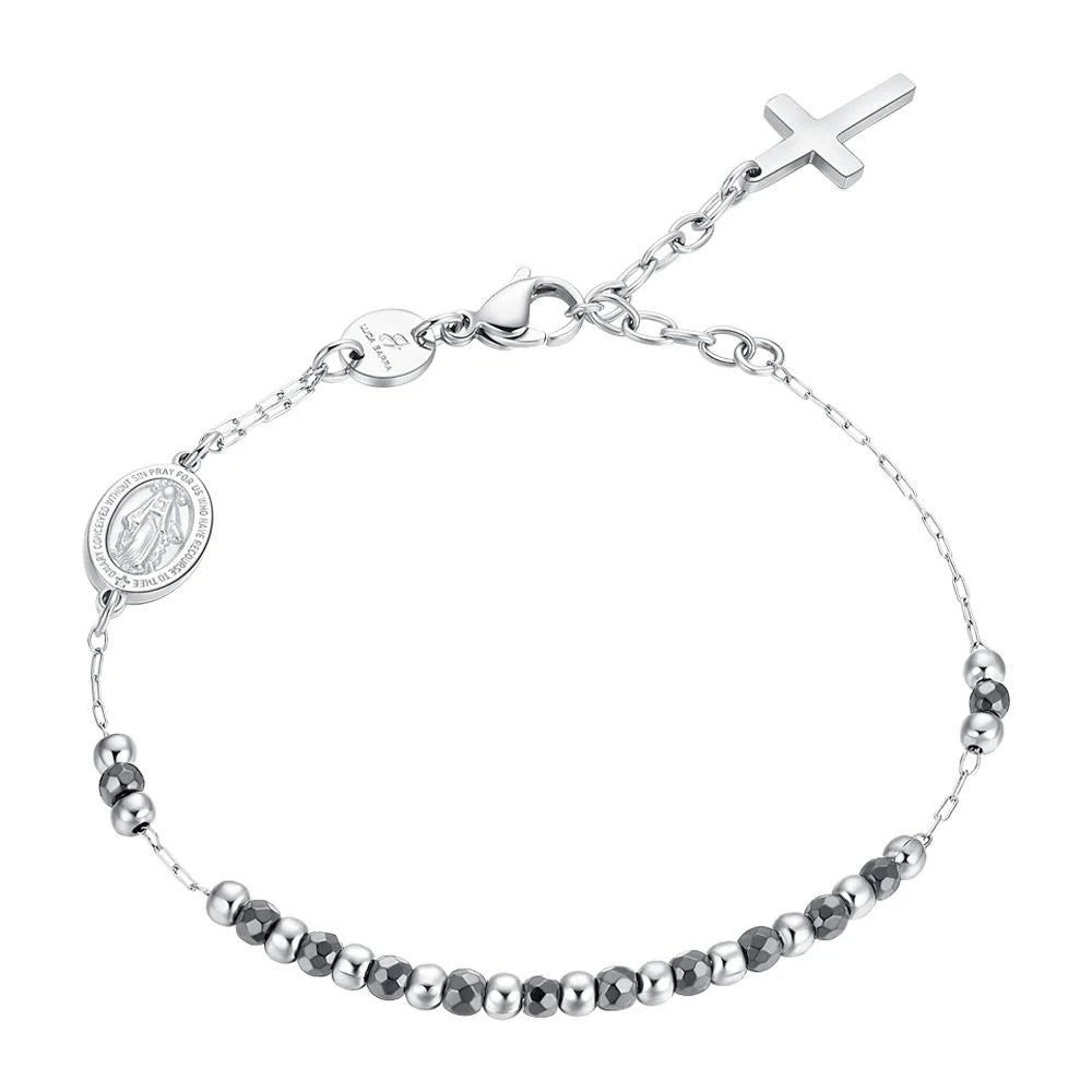 Bracciale Uomo Luca Barra Rosario Acciaio Sfere Ematite Grigia Medaglia Miracolosa e Croce