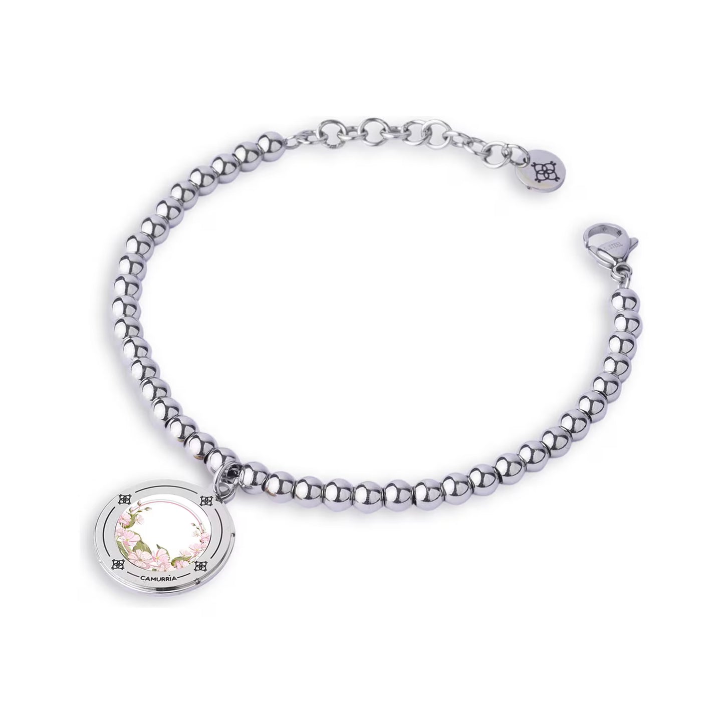 Bracciale Camurrìa A Rosa Acciaio Sferette Pendente Tondo Con Stampa Rose