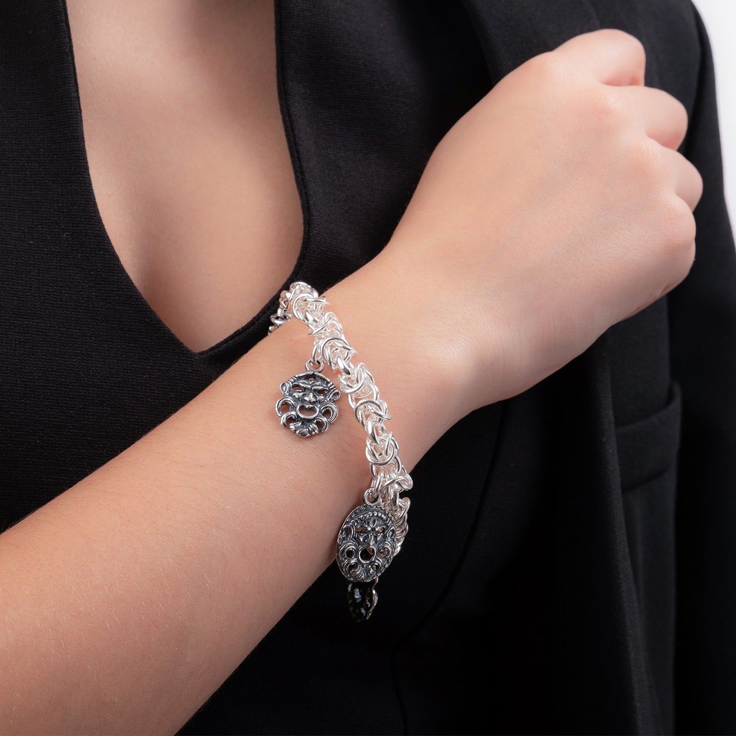 Bracciale Gerardo Sacco Maschere in Argento Maglia Bizantina Charms Maschere Apotropaiche