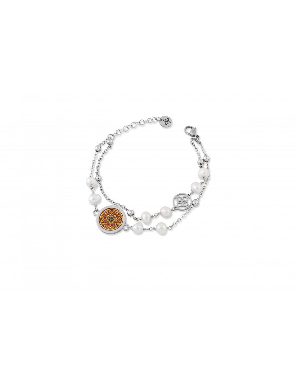 Bracciale Camurrìa Sicilia Bedda A Due Fili In Acciaio Con Perle E Moneta Centrale