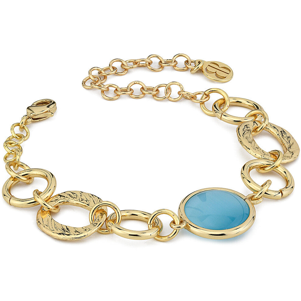 Bracciale Boccadamo Mediterranea Crisette Bronzo Pvd Oro Catena Elementi Ovali Traforati + Cristallo Azzurro