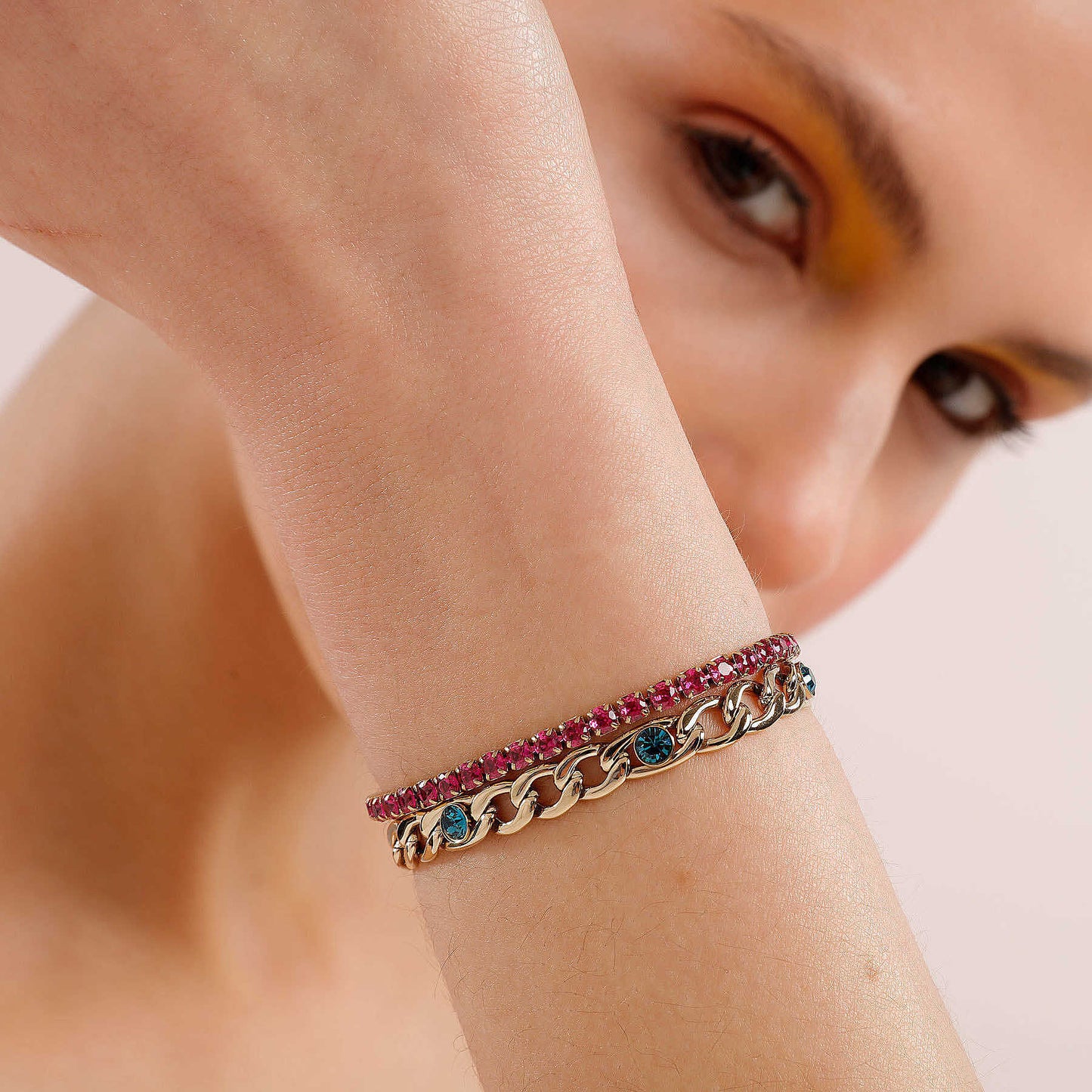 Bracciale Brosway Catena Figaro + Filo Tennis Desideri Amore Pvd Oro e Cristalli