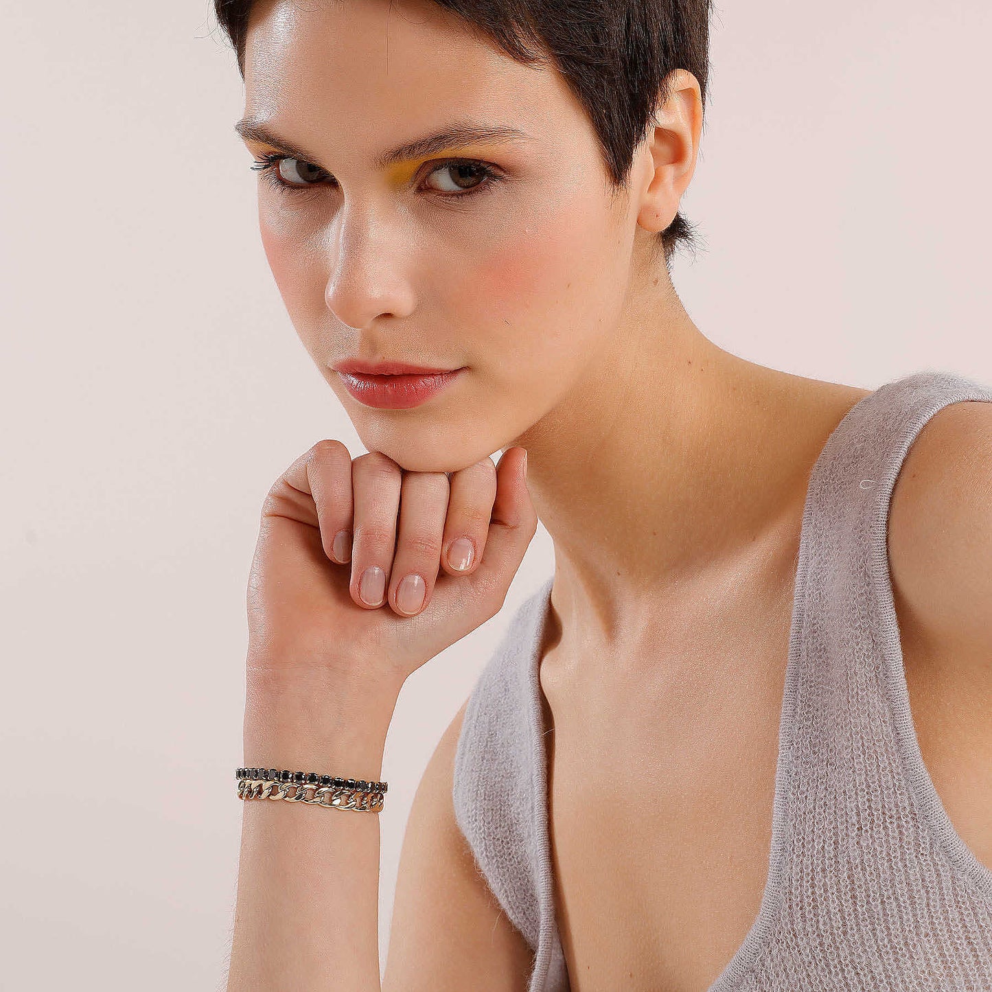 Bracciale Brosway Catena Figaro + Filo Tennis Desideri Amore Pvd Oro e Cristalli Neri