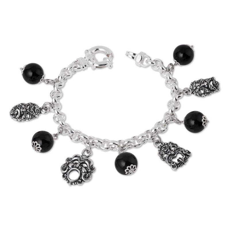 Bracciale Gerardo Sacco Perle in Argento Maglia Rolò Pietre e Maschere, Nero