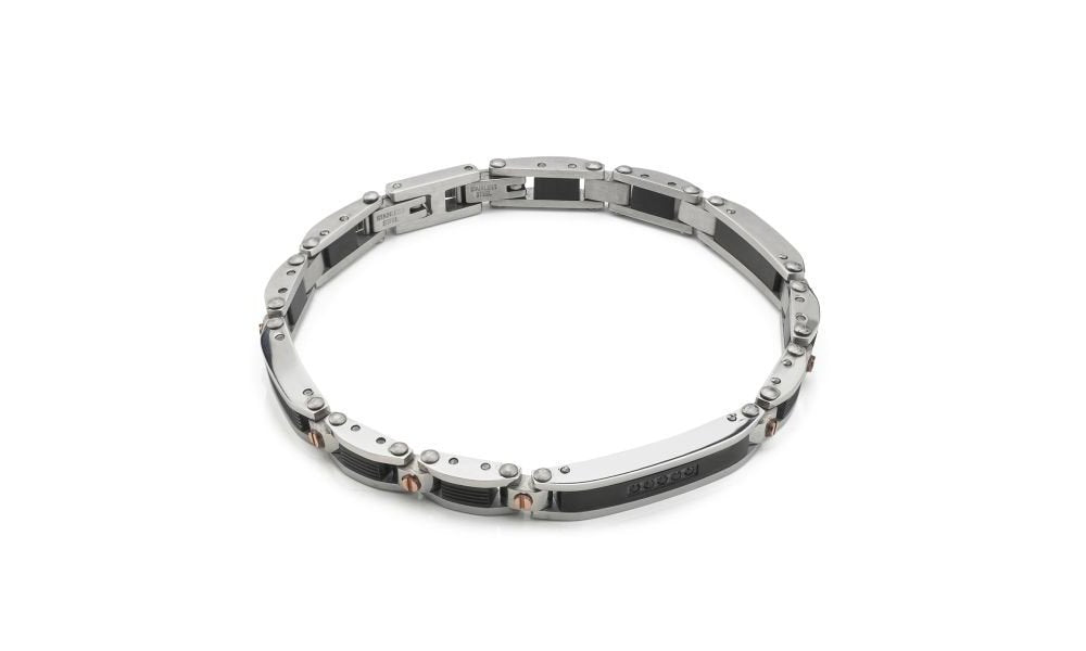 Bracciale Semirigido Boccadamo Man Acciaio Pvd Nero Vitine Oro Rosa Cristalli Neri
