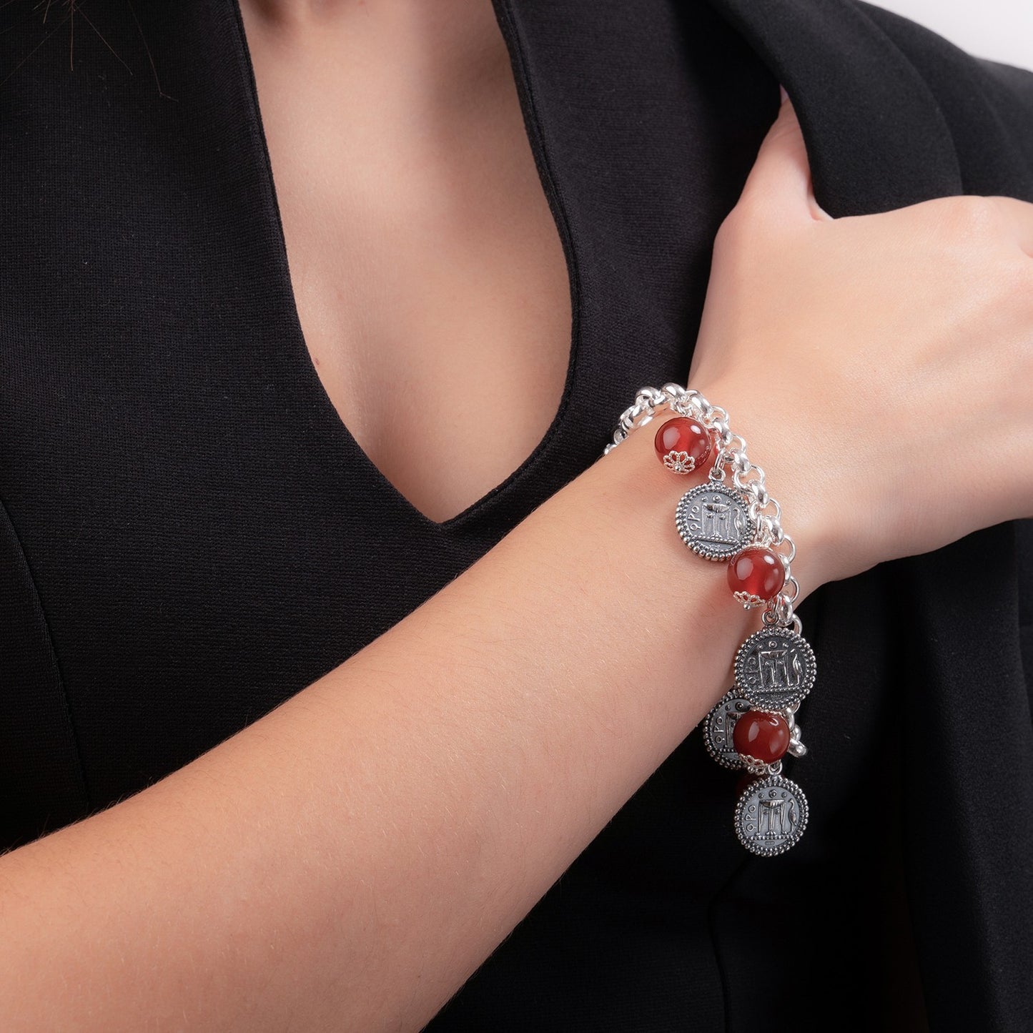 Bracciale Gerardo Sacco Monete In Argento Maglia Rolò Pietre e Monete, Nero