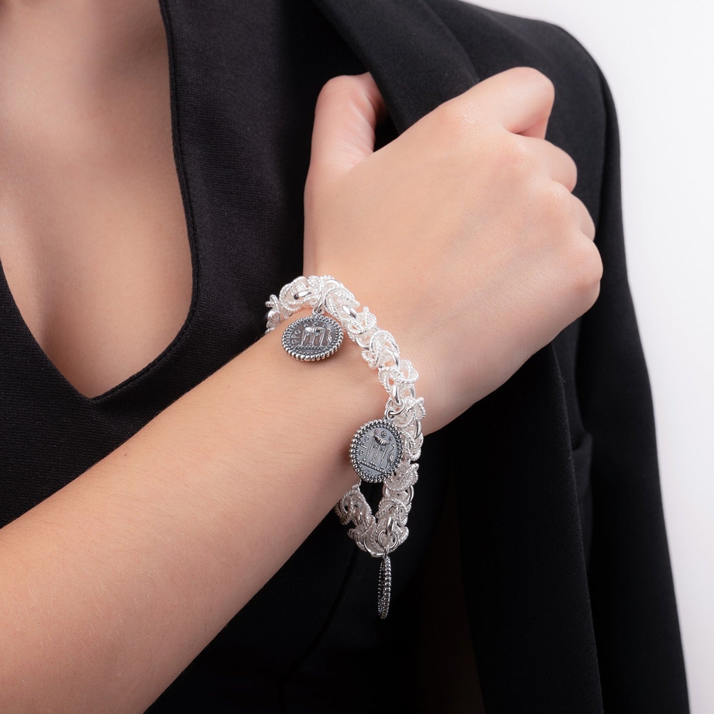 Bracciale Gerardo Sacco Monete in Argento Maglia Bizantina Charms Monete