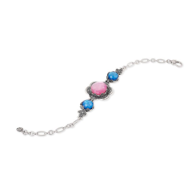 Bracciale Gerardo Sacco Ninfea Aperta Argento Pietre Sfaccettate Blu Rosa