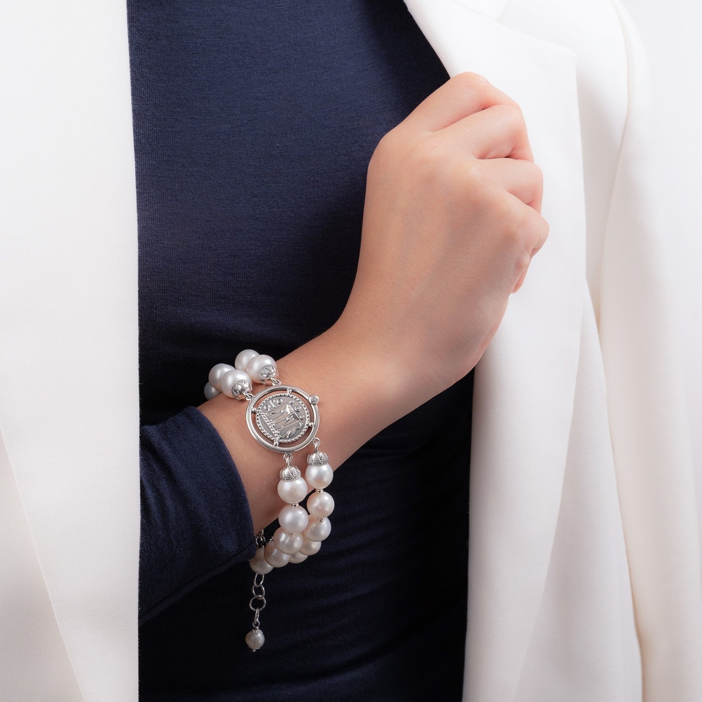 Bracciale Gerardo Sacco Perle Doppio Filo Moneta Statere Kroton in Argento