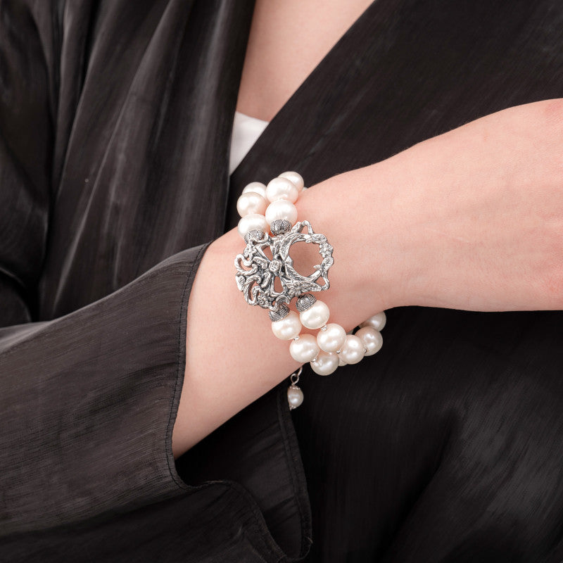 Bracciale Gerardo Sacco Perle Doppio Filo Susta in Argento Brunito Maschera