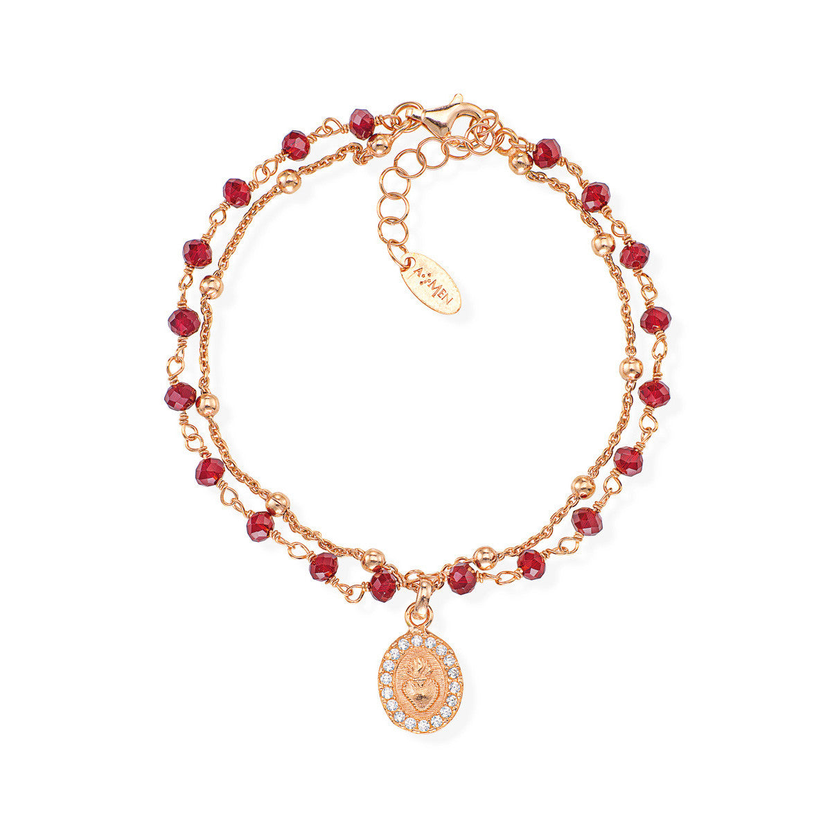 Bracciale a 2 Fili Amen Sacro Cuore Argento Rosato Sferette Cristallo Rosso Charm Centrale Medaglietta