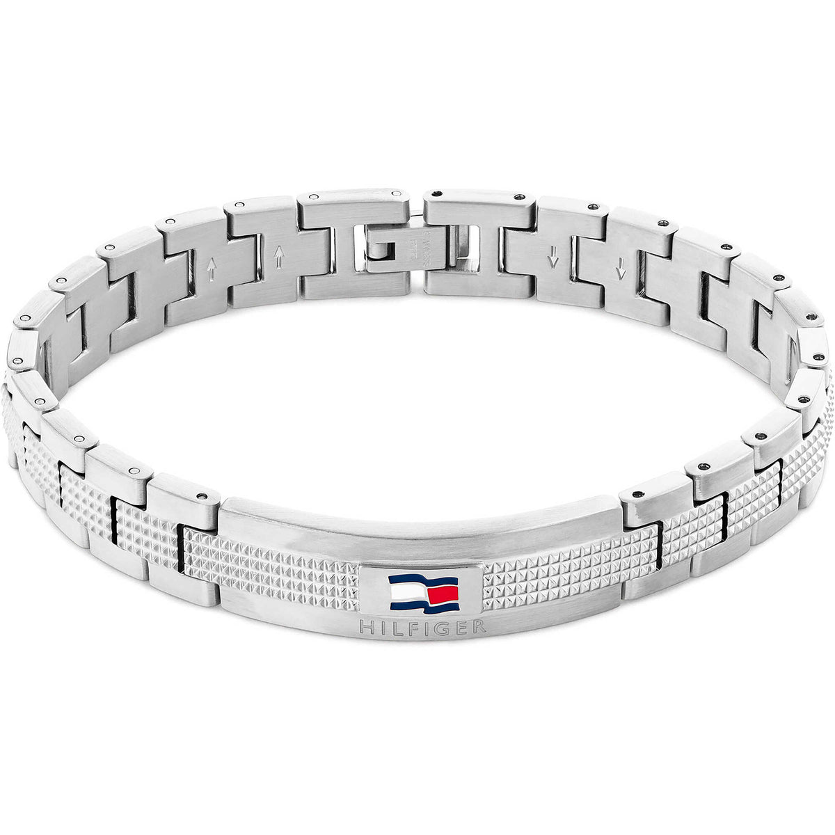 Bracciale Uomo Tommy Hilfiger Nelson Acciaio Satinato Elementi Puntinati Piastrina Centrale Logo Smaltato