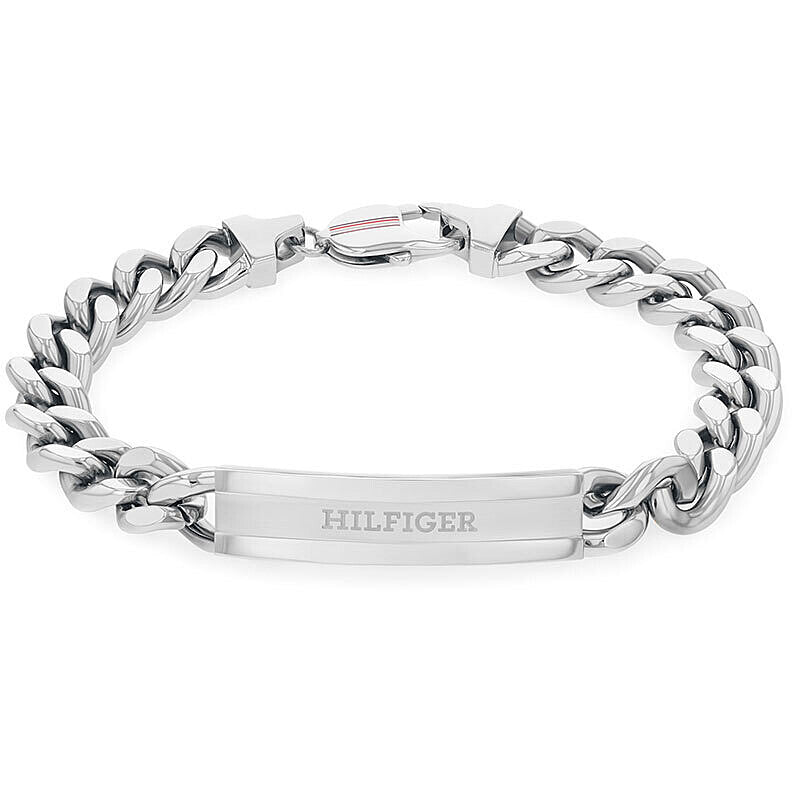 Bracciale Uomo Tommy Hilfiger Clash Acciaio Catena Maglia Grumetta Piastrina Centrale Con Logo Satinato