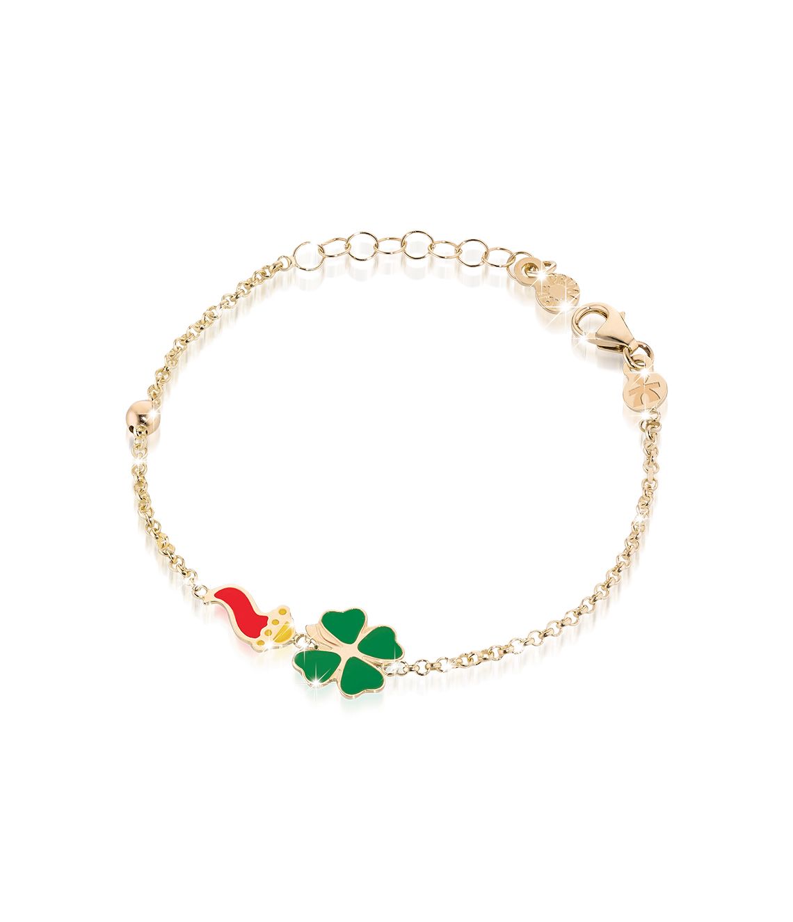Bracciale Lebebé Prime Gioie Fortuna Oro Giallo 9 Kt Quadrifoglio Corno Rosso
