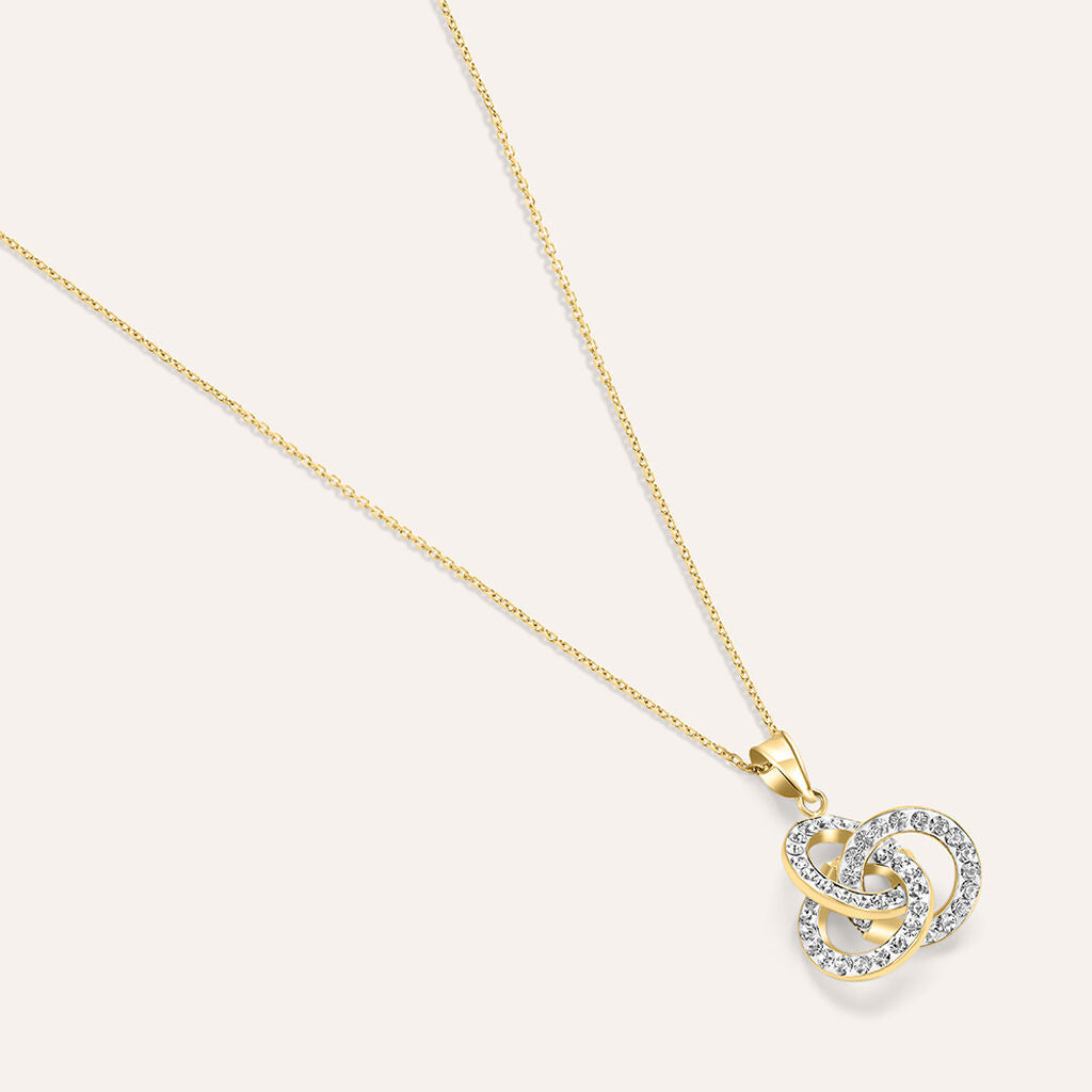 Collana Stroili Christelle Oro Giallo 9 Kt Maglia Forzatina Pendente Nodo Cristalli Bianchi