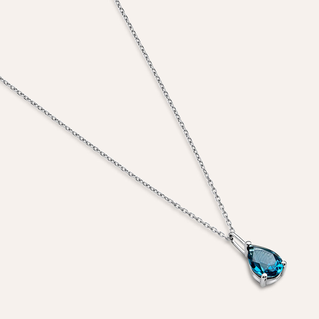 Collana Stroili Amelie Punto Luce Oro Bianco 9 Kt Catena Maglia Forzatina Centrale Topazio London Blue