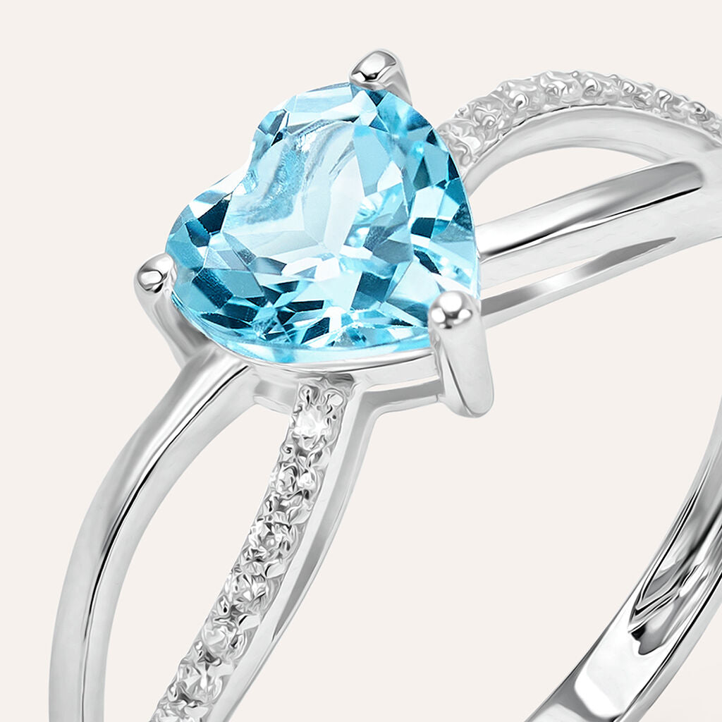 Anello Stroili Amelie Solitario Oro Bianco 9 Kt Topazio Taglio Cuore Azzurro e Zirconi Bianchi