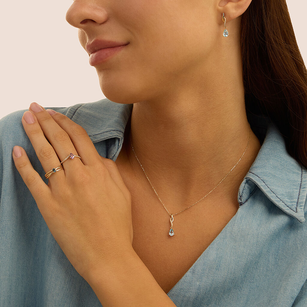 Collana Stroili Amelie Oro Giallo 9 Kt Maglia Forzatina Pendente Topazio Azzurro Con Cristalli Bianchi