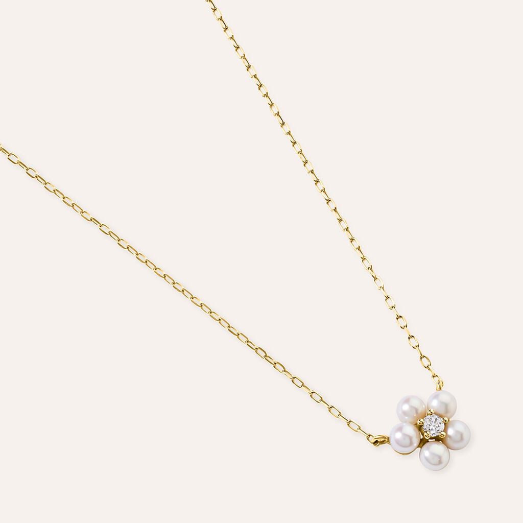 Collana Stroili Gabrielle Oro Giallo 9 Kt Maglia Forzatina Centrale Fiore Perle D'acqua Dolce + Zircone Bianco