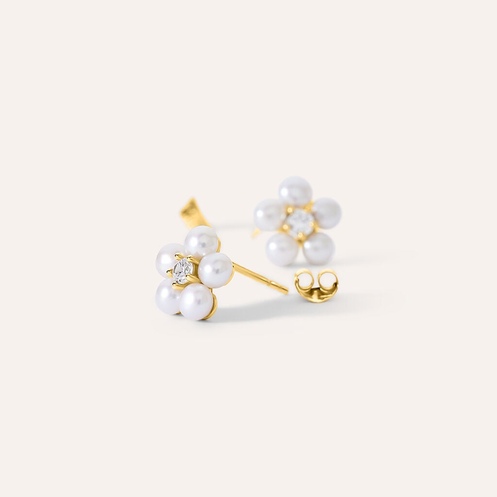 Orecchini Stroili Gabrielle Lobo In Oro Giallo 9 Kt.fiori Con Perle D'acqua Dolce E Zirconi Bianchi