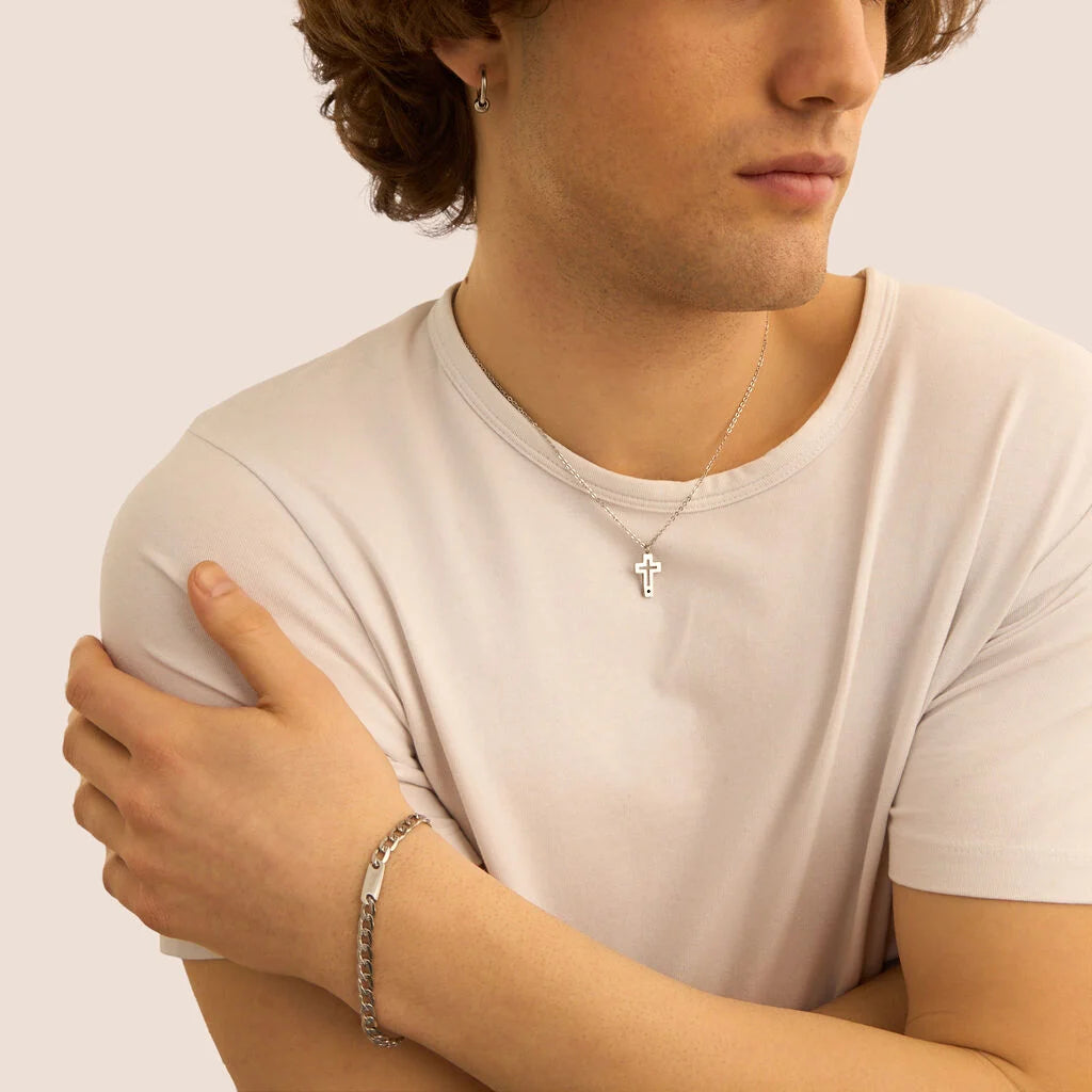Bracciale Uomo Stroili Man Code Acciaio Catena Grumetta Rigata Con Piastrina Laterale