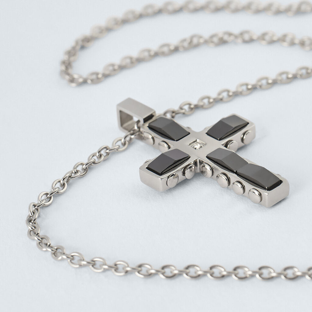 Collana Uomo Stroili Man Code Acciaio Pendente Croce Cristalli Neri