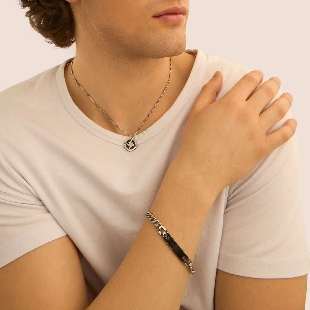 Collana Uomo Stroili Man Code Acciaio Con Pendente Rosa Dei Venti Bicolore Acciaio/Pvd Nero