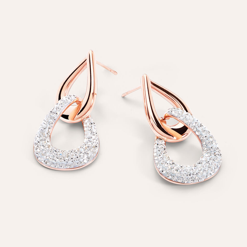 Orecchini Pendenti Stroili Lady Phantasya Pvd Oro Rosa Doppia Goccia Traforata Cristalli
