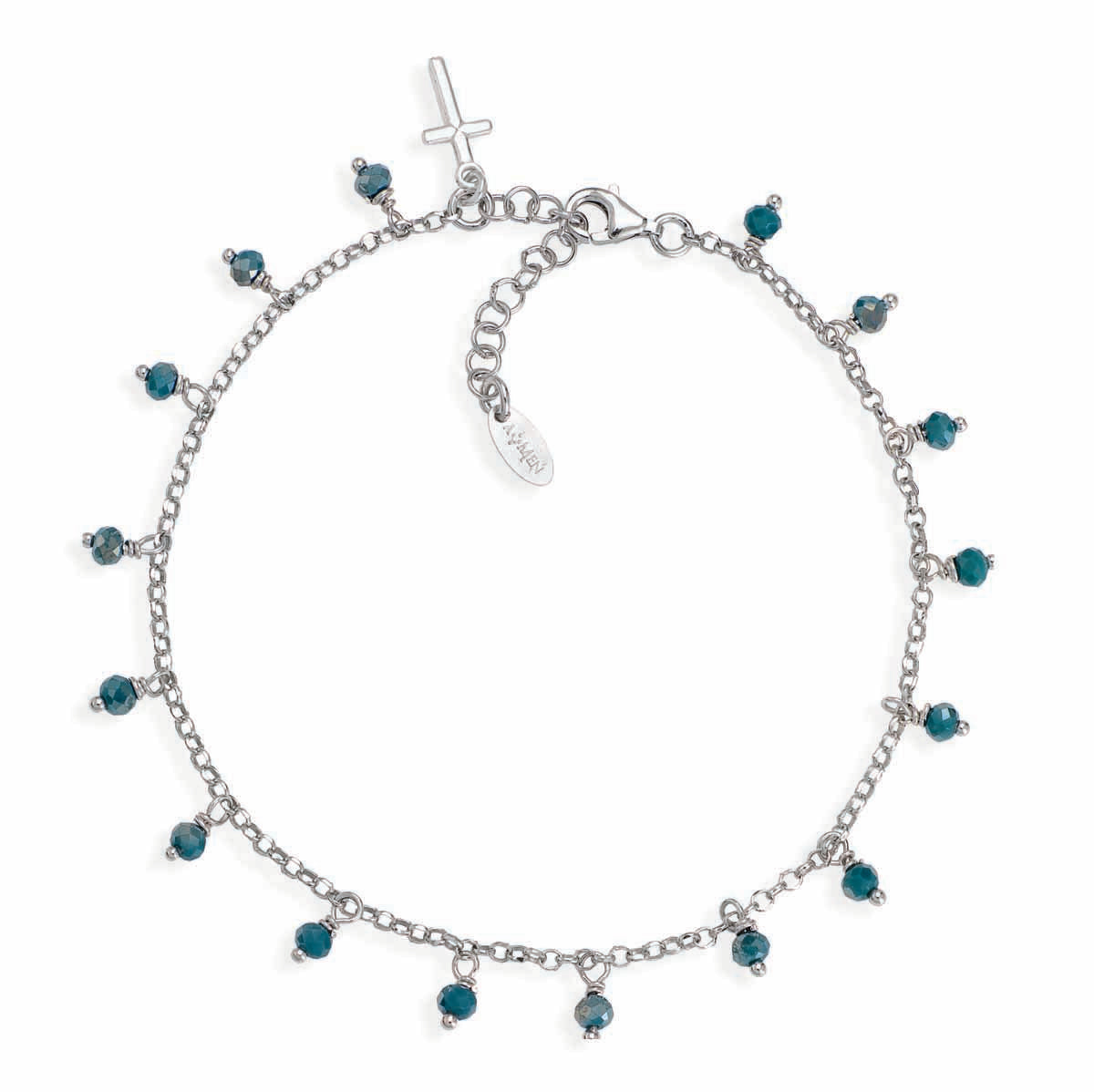 Croce Amen Romance Cavigliera Argento Charms Cristalli Cangianti Petrolio